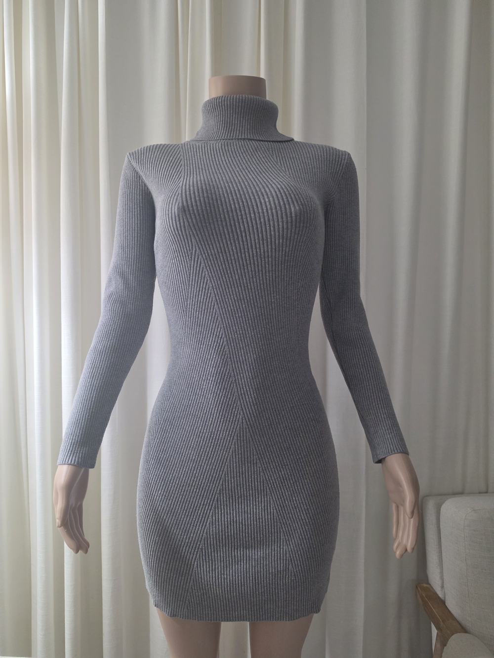 Chaika Gray Ribbed Knit Turtleneck Bodycon Mini Sweater Dress